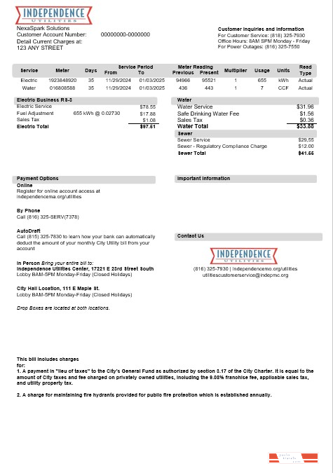 USA Missouri Independence Utilities business utility bill template in Word and PDF formats, version 2